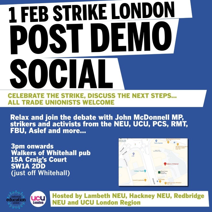 Post demo social organised by Lambeth NEU, 3pm, Walkers of Whitehall, SW1A 2DD